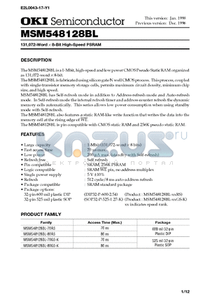 MSM548128BL-70GS-K datasheet - 131,072-Word X 8-Bit High-Speed PSRAM