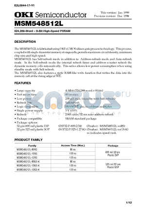 MSM548512L-10RS datasheet - 524,288-Word X 8-Bit High-Speed PSRAM