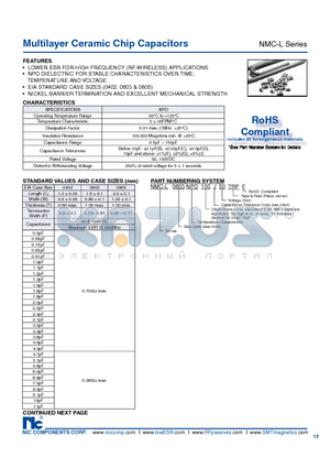 NMC-L0603NPO100J100TRPF datasheet - Multilayer Ceramic Chip Capacitors