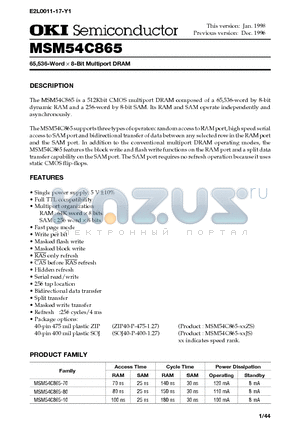 MSM54C865 datasheet - 65,536-Word X 8-Bit Multiport DRAM