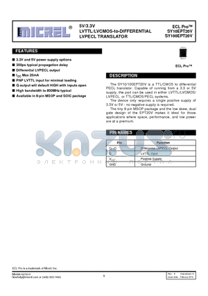 SY100EPT20VKGTR datasheet - 5V/3.3V LVTTL/LVCMOS-to-DIFFERENTIAL LVPECL TRANSLATOR