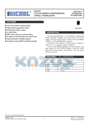 SY100EPT20VZI datasheet - 5V/3.3V LVTTL/LVCMOS-to-DIFFERENTIAL LVPECL TRANSLATOR