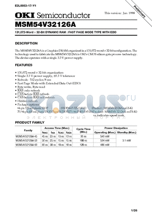 MSM54V32126A-60TS-K datasheet - 131,072-Word X 32-Bit DYNAMIC RAM : FAST PAGE MODE TYPE WITH EDO