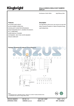 SA39-11EWA datasheet - 9.9mm (0.39INCH) SINGLE DIGIT NUMERIC DISPLAY