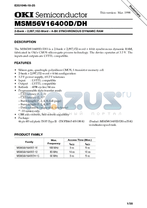 MSM56V16400D-12TS-K datasheet - 2-Bank X 2,097,152-Word X 4-Bit SYNCHRONOUS DYNAMIC RAM