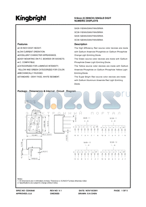 SA39-12SRWA datasheet - 9.9 MM (0.39INCH) SINGLE DIGIT NUMERIC DISPLAYS