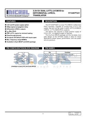 SY100EPT22 datasheet - 3.3V/5V DUAL LVTTL/LVCMOS-to- DIFFERENTIAL LVPECL TRANSLATOR