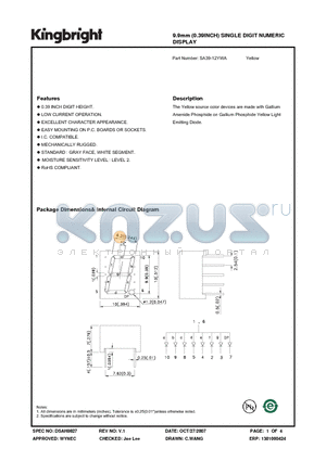 SA39-12YWA datasheet - 9.9mm (0.39INCH) SINGLE DIGIT NUMERIC DISPLAY