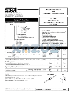SPD220 datasheet - 2.0 AMPS 50 - 300 VOLTS 25 ns HYPERFAST RECOVERY RECTIFIER