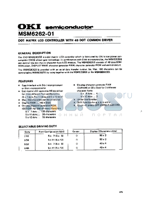 MSM6262-01 datasheet - DOT MATRIX LCD CONTROLLER WITH 48 DOT COMMON DRIVER