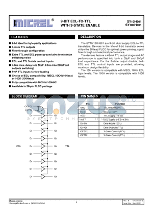 SY100H601 datasheet - 9-BIT ECL-TO-TTL WITH 3-STATE ENABLE