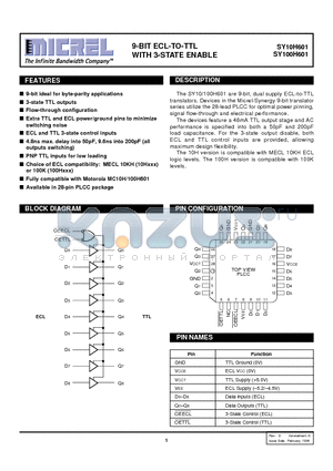 SY100H601JCTR datasheet - 9-BIT ECL-TO-TTL WITH 3-STATE ENABLE