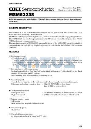 MSM63238 datasheet - 4-Bit Microcontroller with Built-in POCSAG Decoder and Melody Circuit, Operating at 0.9 V (Min.)