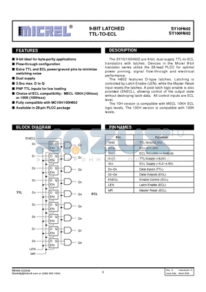 SY100H602 datasheet - 9-BIT LATCHED TTL-TO-ECL