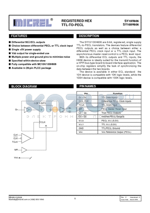 SY100H606JZ datasheet - REGISTERED HEX TTL-TO-PECL
