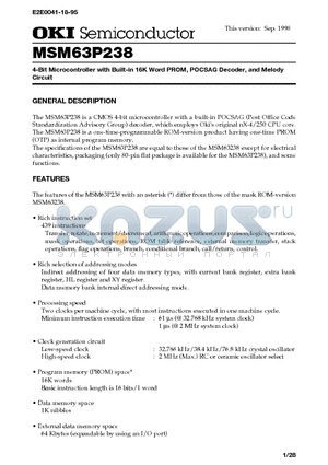 MSM63P238 datasheet - 4-Bit Microcontroller with Built-in 16K Word PROM, POCSAG Decoder, and Melody Circuit