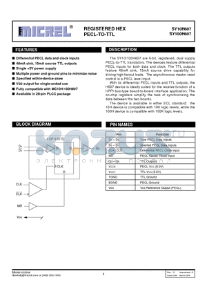 SY100H607 datasheet - REGISTERED HEX PECL-TO-TTL