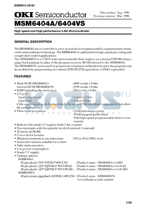 MSM6404 datasheet - High speed and High performance 4-Bit Microcontroller