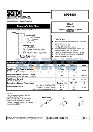 SPD3595SMSTXV datasheet - 150mA 125 VOLT 3 nsec STANDARD RECOVERY