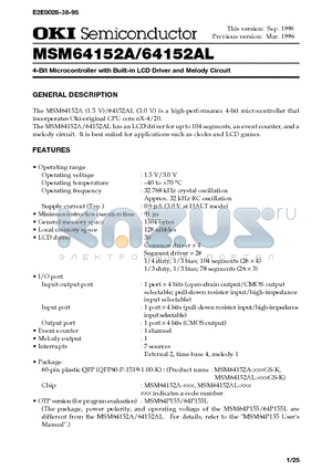 MSM64152AL datasheet - 4-Bit Microcontroller with Built-in LCD Driver and Melody Circuit