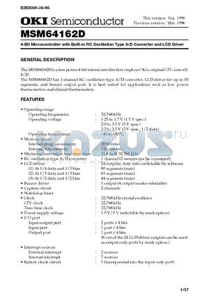 MSM64162D-XXGS-BK-F datasheet - 4-Bit Microcontroller with Built-in RC Oscillation Type A/D Converter and LCD Driver