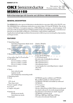 MSM64169-XXXK datasheet - Built-in Dual-slope type A/D Converter and LCD Driver 4-Bit Microcontroller