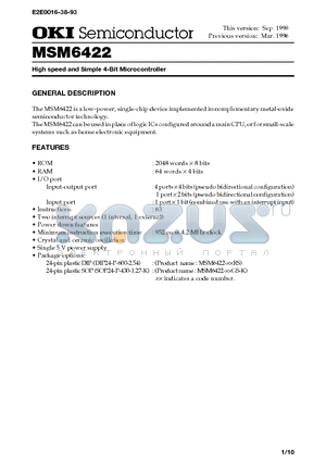 MSM6422 datasheet - High speed and Simple 4-Bit Microcontroller