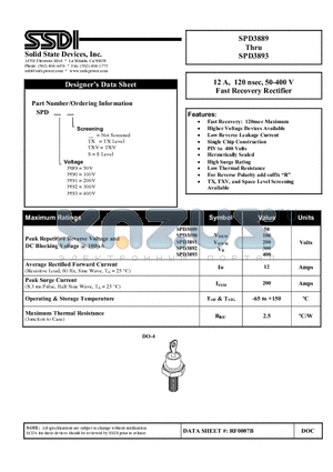 SPD3892S datasheet - 12 A, 120 nsec, 50-400 V Fast Recovery Rectifier