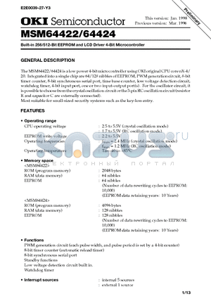 MSM64424-XXXGS-K datasheet - Built-in 256/512-Bit EEPROM and LCD Driver 4-Bit Microcontroller