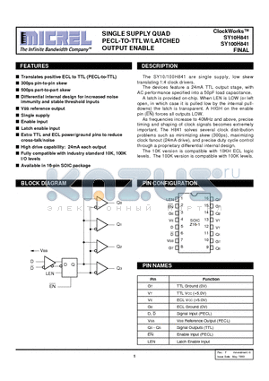 SY100H841ZCTR datasheet - SINGLE SUPPLY QUAD PECL-TO-TTL W/LATCHED OUTPUT ENABLE