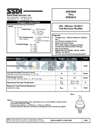 SPD3909R datasheet - 30A, 200nsec, 50-400 V Fast Recovery Rectifier