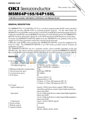 MSM64P155L datasheet - 4-Bit Microcontroller with Built-in LCD Driver and Melody Circuit