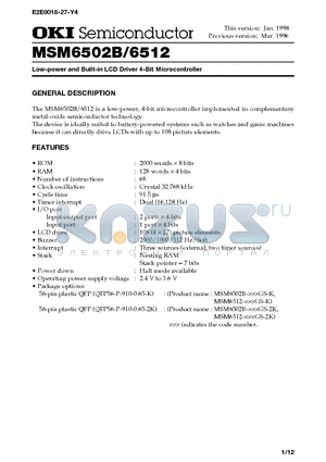 MSM6512-XXXGS-2K datasheet - Low-power and Built-in LCD Driver 4-Bit Microcontroller