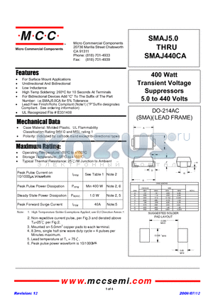 SMAJ16CA-TP datasheet - 400 Watt Transient Voltage Suppressors 5.0 to 440 Volts