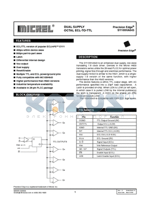 SY100HA643JY datasheet - DUAL SUPPLY OCTAL ECL-TO-TTL