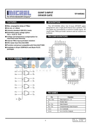 SY100S302JC datasheet - QUINT 2-INPUT OR/NOR GATE