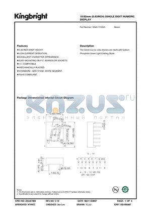 SA43-11GWA datasheet - 10.92mm (0.43INCH) SINGLE DIGIT NUMERIC DISPLAY