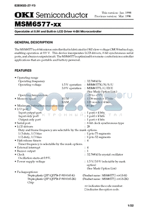 MSM6577-XXGS-K datasheet - Operatable at 0.9V and Built-in LCD Driver 4-Bit Microcontroller