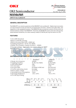 MSM6585 datasheet - ADPCM Voice Synthesis IC