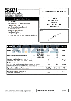 SPD4963-1 datasheet - 1 AMP 550 - 800 VOLTS 130 nsec FAST RECOVERY RECTIFIER