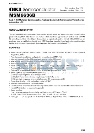 MSM6636B datasheet - SAE-J1850 Multiplex Communication Protocol Conformity Transmission Controller for Automotive LAN