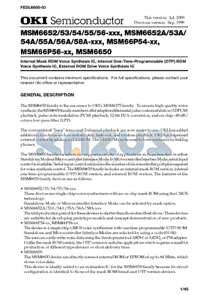 MSM6650 datasheet - Internal Mask ROM Voice Synthesis IC, Internal One-Time-Programmable OTP ROM Voice Synthesis IC, External ROM Drive Voice Synthesis IC