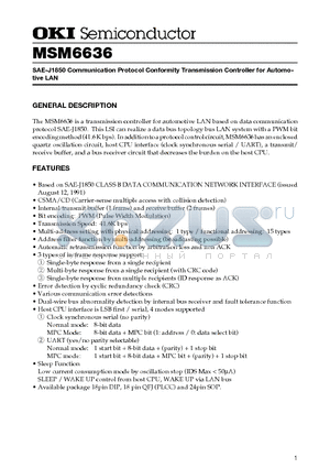 MSM6636 datasheet - SAE-J1850 Communication Protocol Conformity Transmission Controller for Automotive LAN