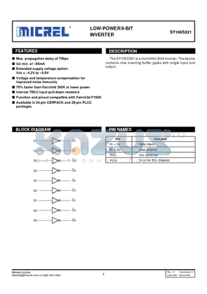 SY100S321 datasheet - LOW-POWER 9-BIT INVERTER