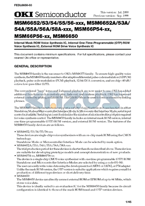 MSM6656 datasheet - Internal Mask ROM Voice Synthesis IC, Internal One-Time-Programmable OTP ROM Voice Synthesis IC, External ROM Drive Voice Synthesis IC
