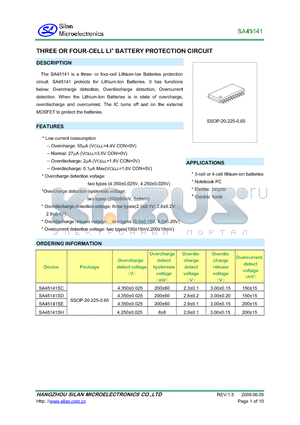 SA45141SE datasheet - THREE OR FOUR-CELL LI BATTERY PROTECTION CIRCUIT