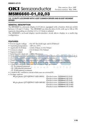 MSM6660-02GS-BK datasheet - 1/2, 1/3 DUTY LCD DRIVER WITH 3-DOT COMMON DRIVER AND 62-DOT SEGMENT DRIVER