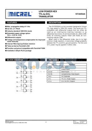 SY100S324_07 datasheet - LOW POWER HEX TTL-to-ECL TRANSLATOR