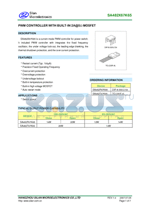 SA482P67K65 datasheet - PWM CONTROLLER WITH BUILTIN MOSFET