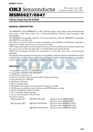 MSM6947GS-K datasheet - 1200 bps Single Chip FSK MODEM